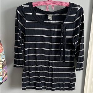 Ann Taylor, 3/4 sleeve shirt, medium, navy/white, decorative tie on neckline
